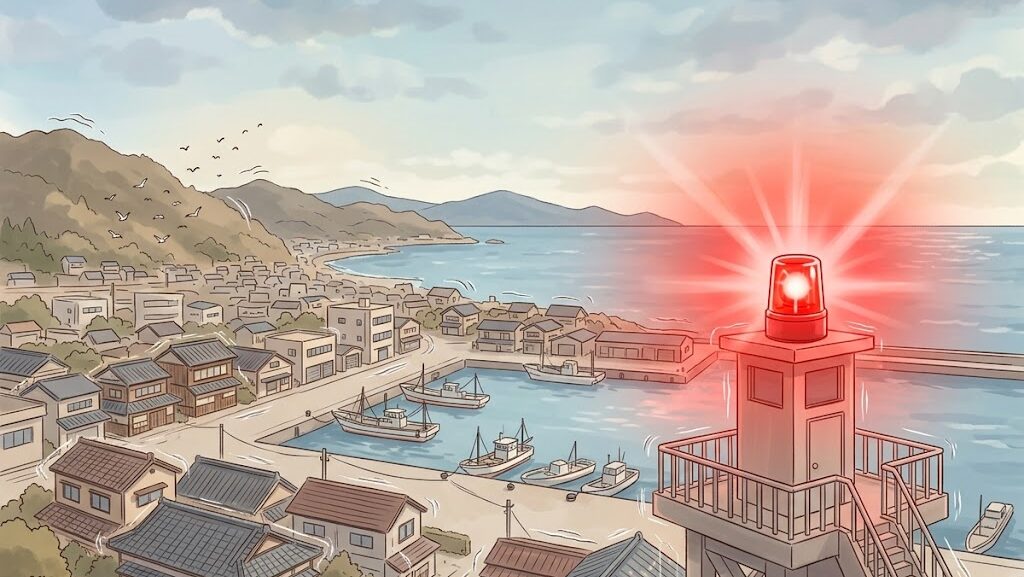 沿岸部で地震発生直後に大津波警報が発令されるイメージ——揺れる港町のアニメ調イラスト