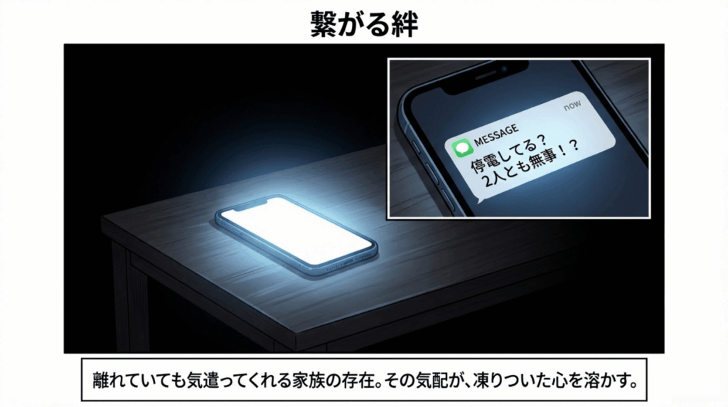 暗い机の上で光るスマートフォン。離れた場所にいる夫からの「無事！？」という安否確認のメッセージが届きます。