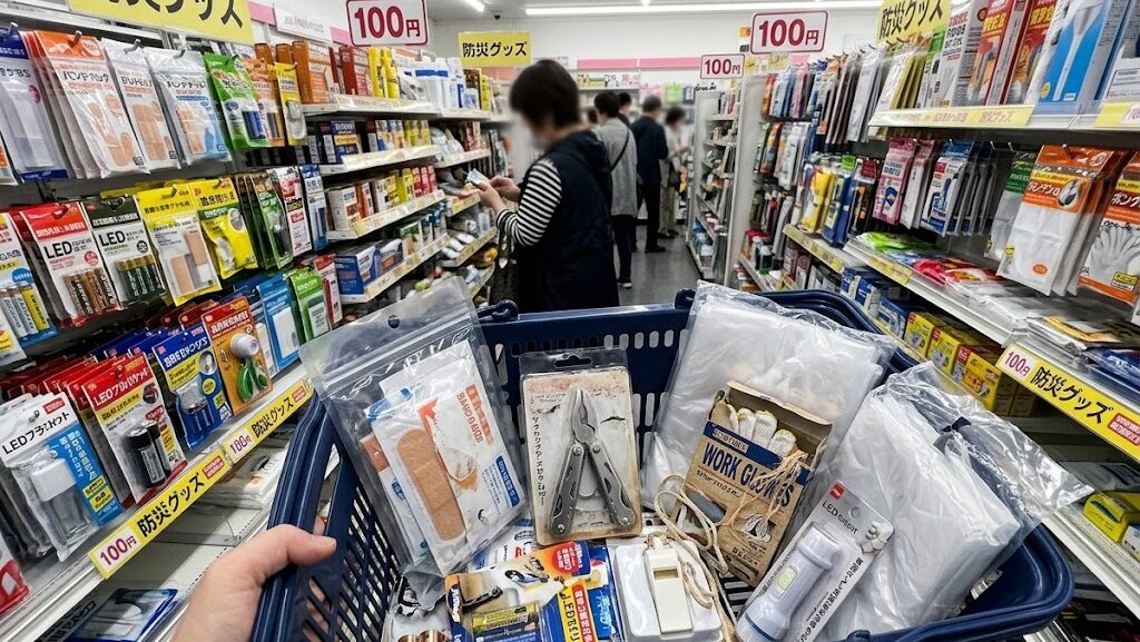 100均の防災グッズ売り場でアイテムを選ぶ場面