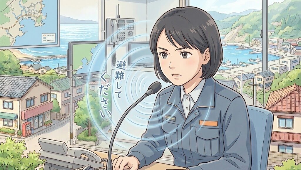 防災無線で避難を呼びかける職員のイメージイラスト