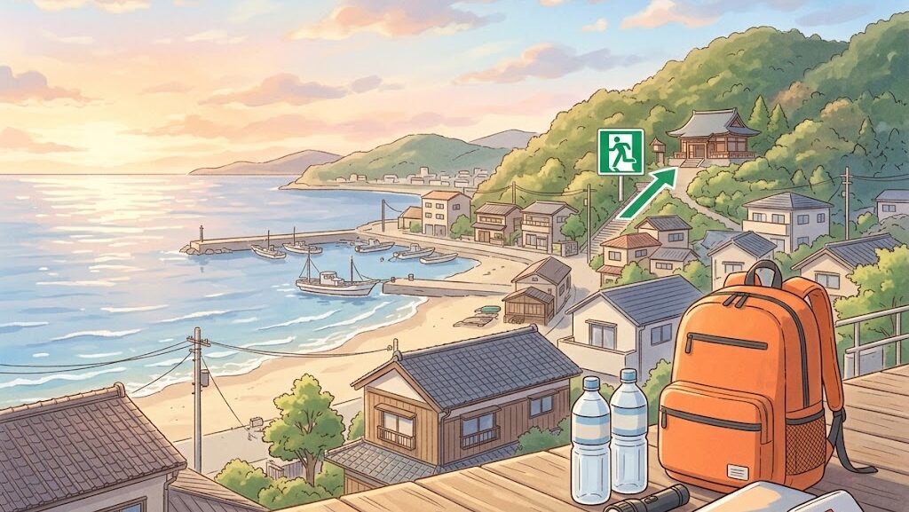 東日本大震災の教訓から備えへ——沿岸の町と防災グッズを描いた希望のイラスト