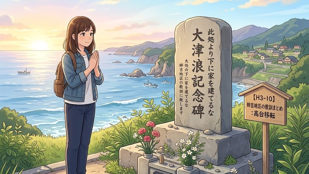 大津浪記念碑の前で先人の教えに思いを馳せる人物のアニメイラスト