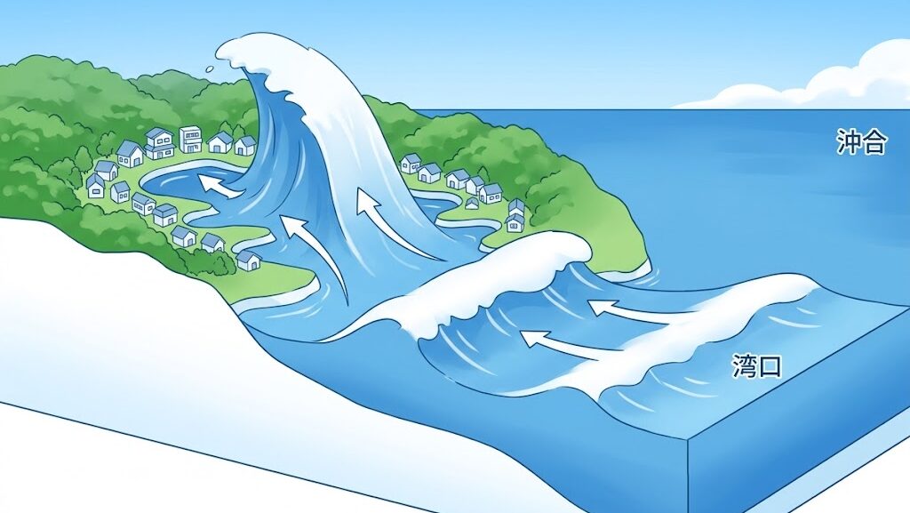 リアス式海岸で津波が増幅されるメカニズムを示した図解イラスト