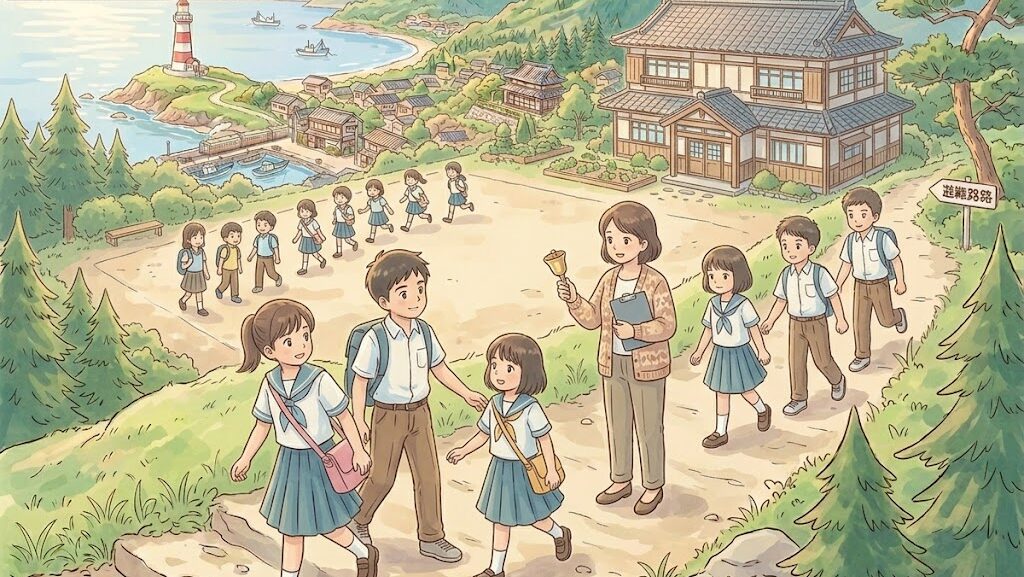 晴れた校庭で避難訓練をする子どもたちのアニメ風イラスト