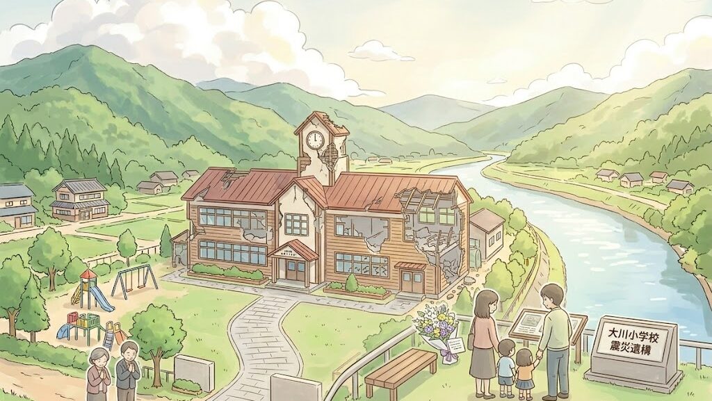 震災遺構を訪れ手を合わせる人々のやさしいイラスト