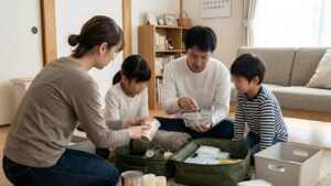 家族で防災グッズを見直し本当に必要なものを選ぶ明るい場面