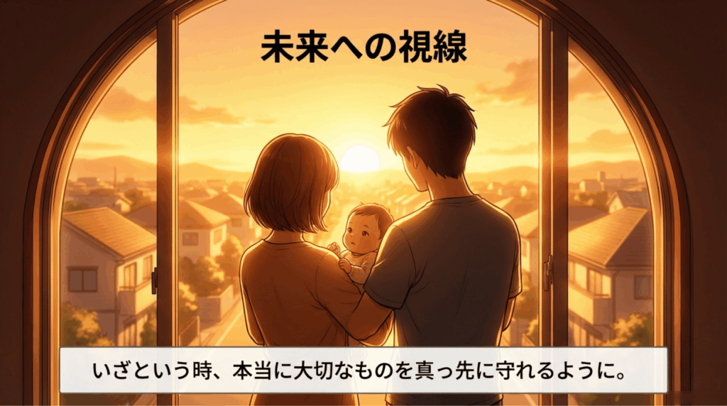 温かい日差しの中、赤ちゃんを抱いて窓の外を見つめる夫婦の背中。いざという時に大切なものを守れる「心のゆとり」を手に入れました。