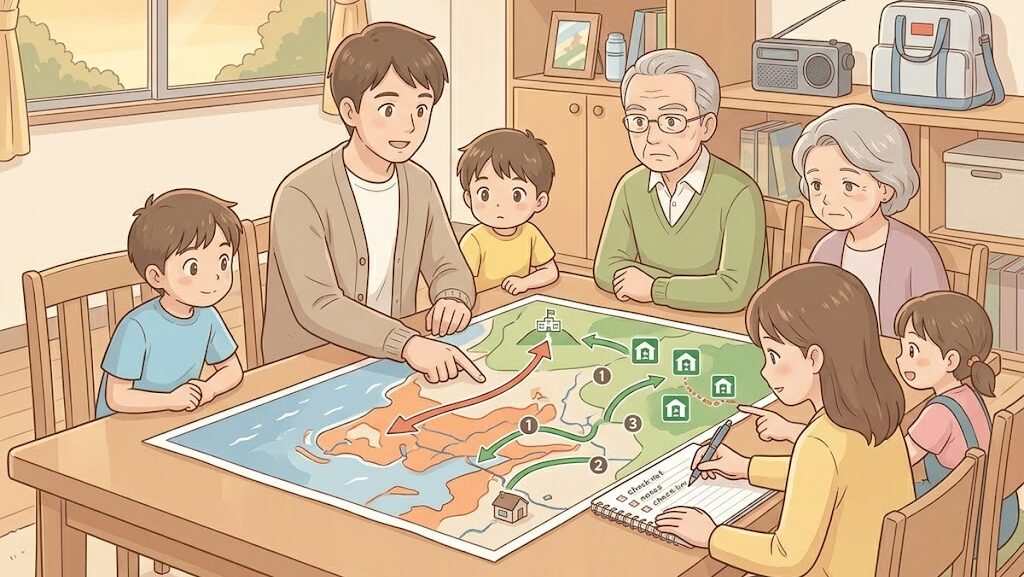 家族でハザードマップを確認しながら避難計画を立てるイラスト