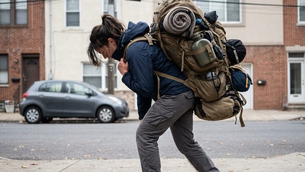 重すぎる防災リュックを背負って避難に苦労する様子