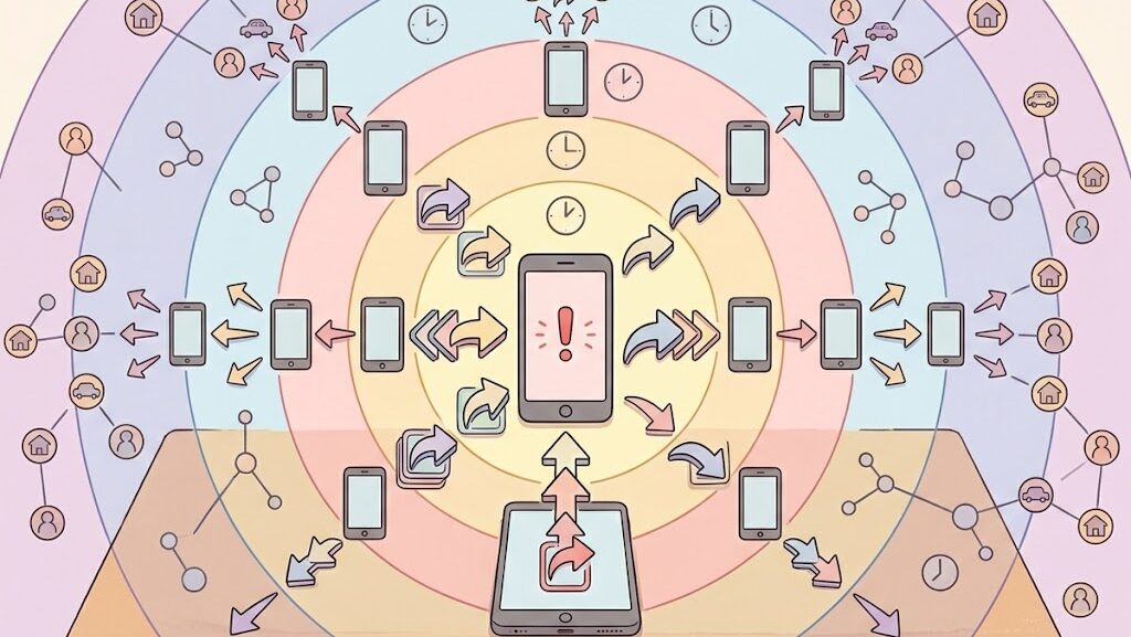 SNSでデマが連鎖拡散していく様子を表した図解風アニメイラスト