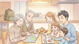 家族で災害の備えについて話し合うアニメ調イラスト