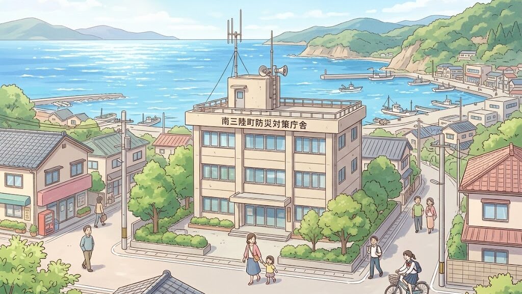 海辺の町に建つ防災庁舎のイメージイラスト