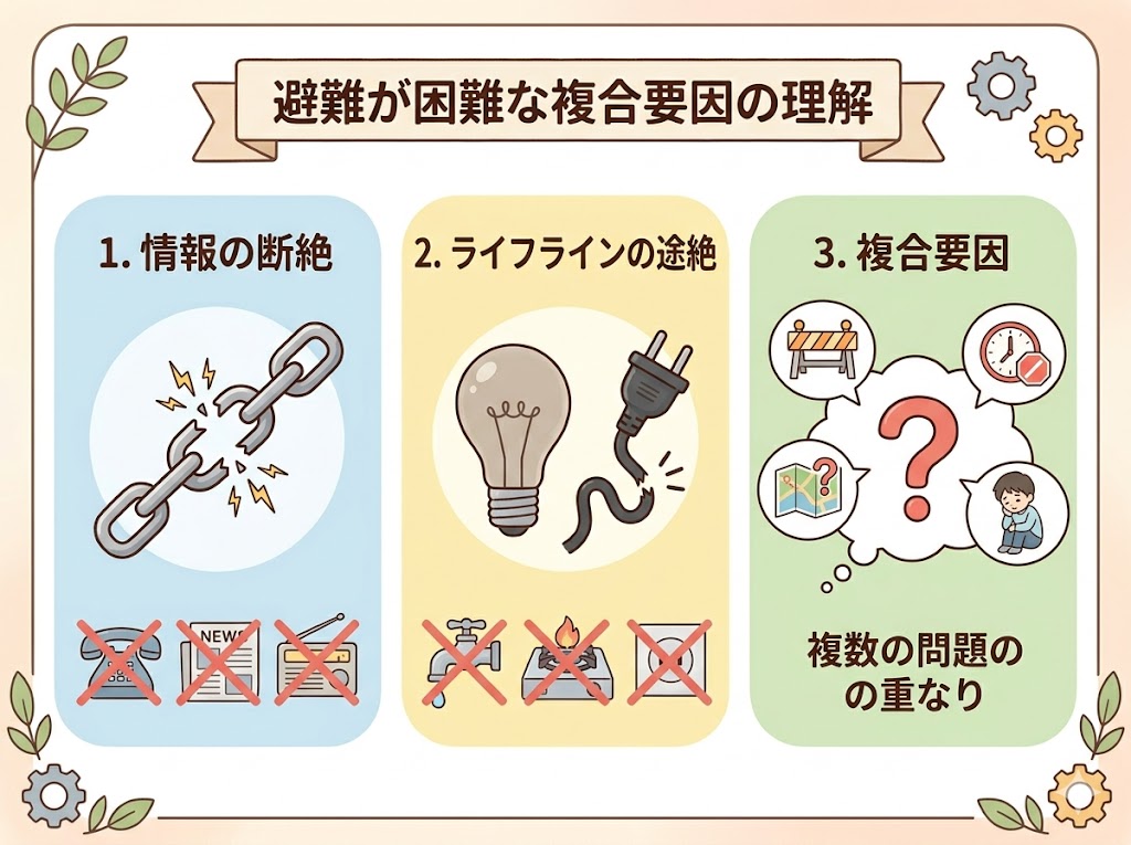 情報の断絶と複合災害の課題を示すアニメ調インフォグラフィック