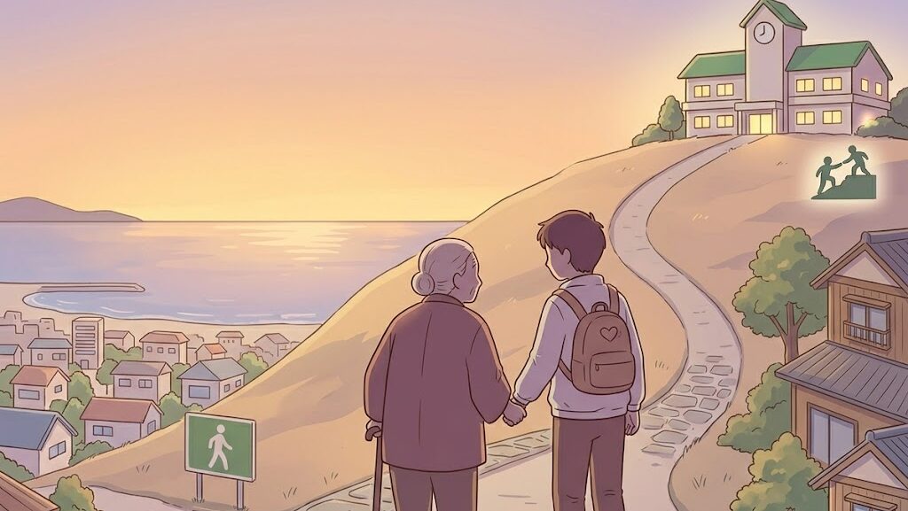 高齢者と若者が手を取り合って高台へ避難するイメージイラスト