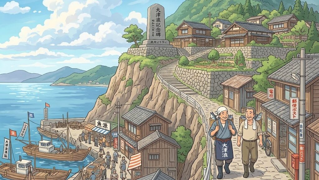 高台の集落と漁港を結ぶ坂道を歩く漁師のアニメイラスト