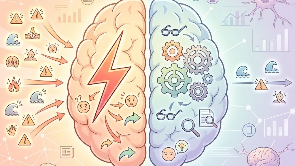 直感的思考と論理的思考の二つの脳モードを表したアニメ調図解イラスト