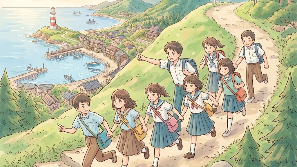 高台を目指して手をつなぎ走る小中学生たちのアニメ風イラスト