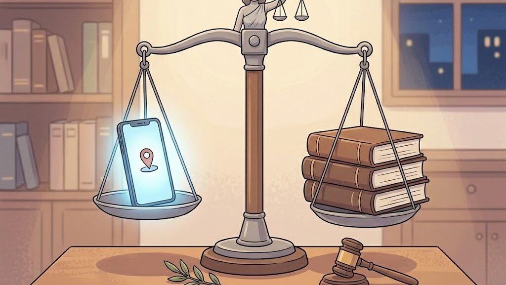 スマートフォンと法律の天秤を表したアニメ調シンボルイラスト