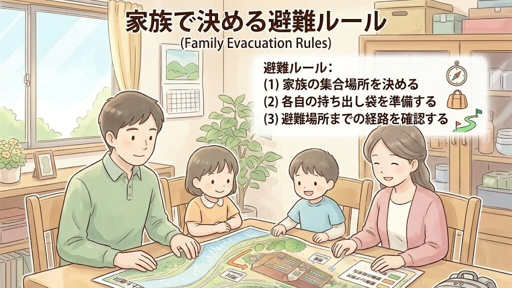 家族でハザードマップを見ながら避難ルールを話し合うイラスト