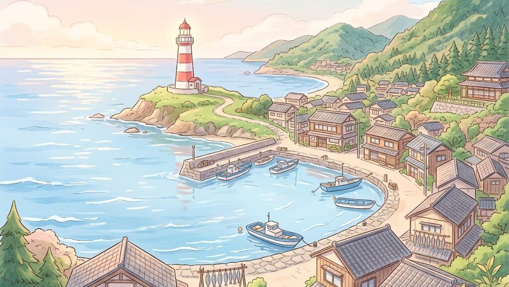 三陸沿岸の穏やかな港町と灯台を描いたアニメ風イラスト