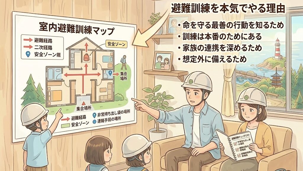 室内避難訓練に真剣に取り組む家族のアニメ風イラスト