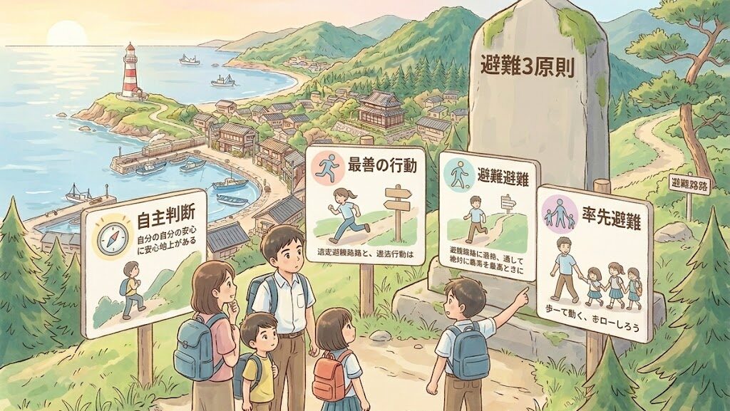 避難3原則をわかりやすく示した教育的イラスト図解