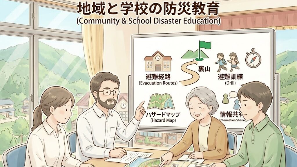 学校と地域が連携して防災教育に取り組む様子のイラスト