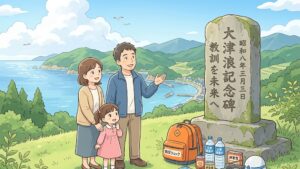 大津浪記念碑と現代の防災グッズを並べた希望のイラスト