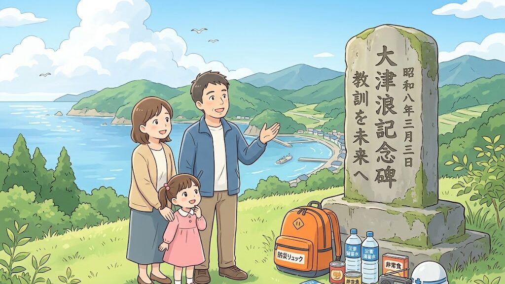 大津浪記念碑と現代の防災グッズを並べた希望のイラスト