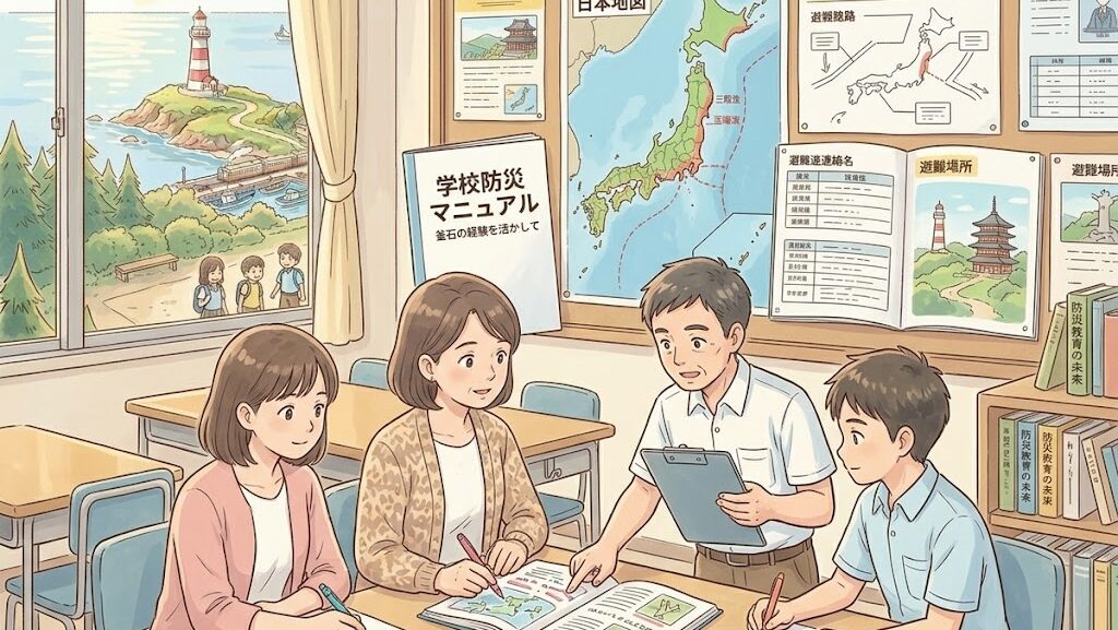学校の防災マニュアル整備を描いたアニメ風イラスト