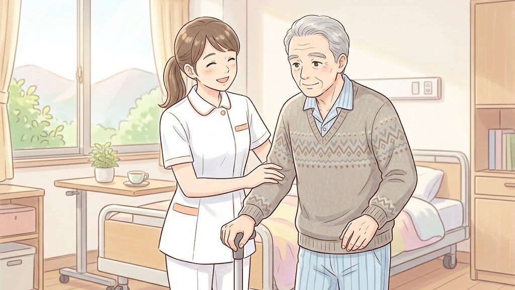 看護師が高齢患者を介助する病院のアニメ調イラスト