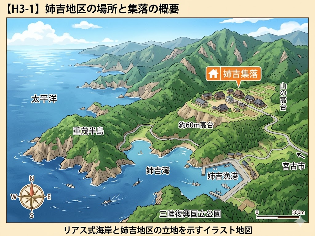 リアス式海岸と姉吉地区の立地を示すイラスト地図