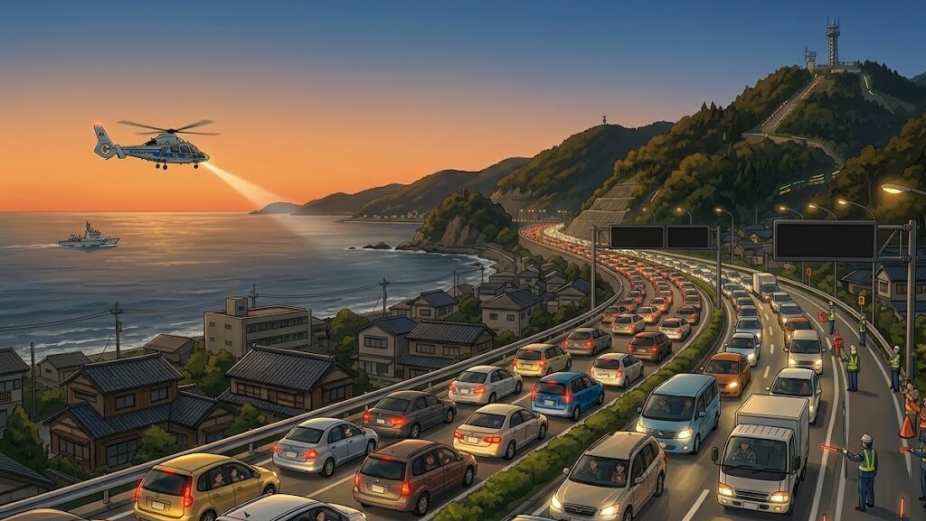 東日本大震災時に車で避難する様子のイラスト