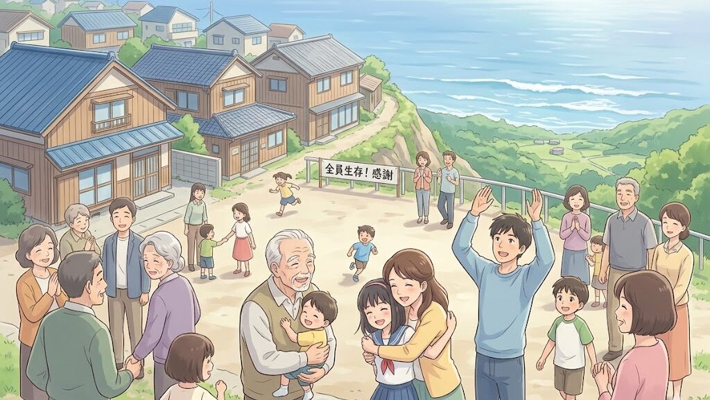 東日本大震災で高台の集落が無事だったことを表すアニメイラスト