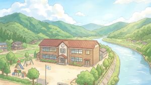 北上川のほとりにたたずむ大川小学校のイラスト