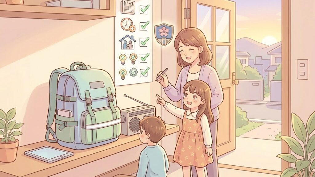 玄関に備えられた防災リュックとチェックリストのアニメ調イラスト