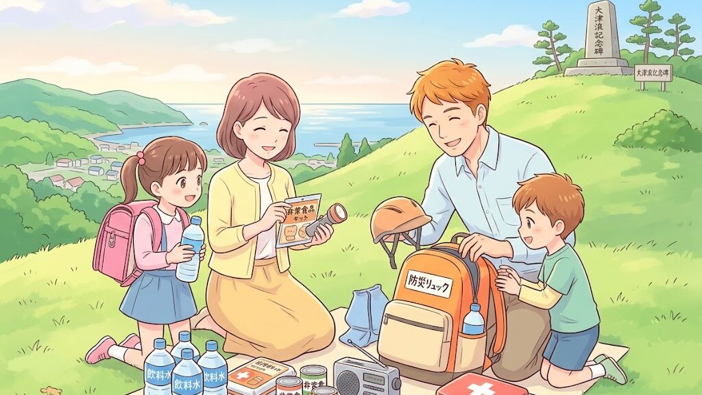 大津浪記念碑を背景に防災を学ぶ家族のアニメイラスト