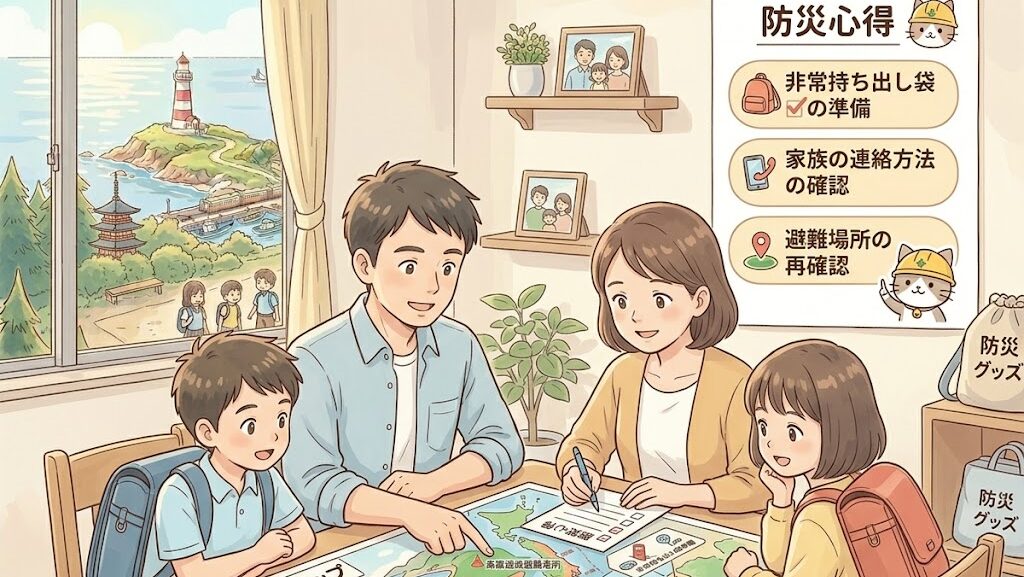 家族で防災マップを確認するアニメ風イラスト