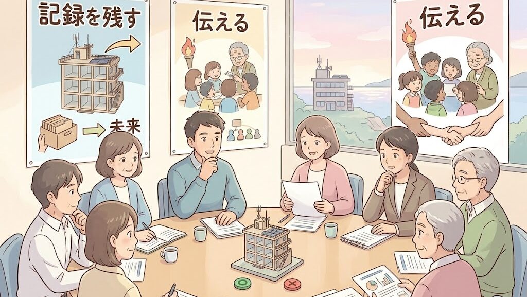 震災遺構の保存について話し合う人々のイメージイラスト
