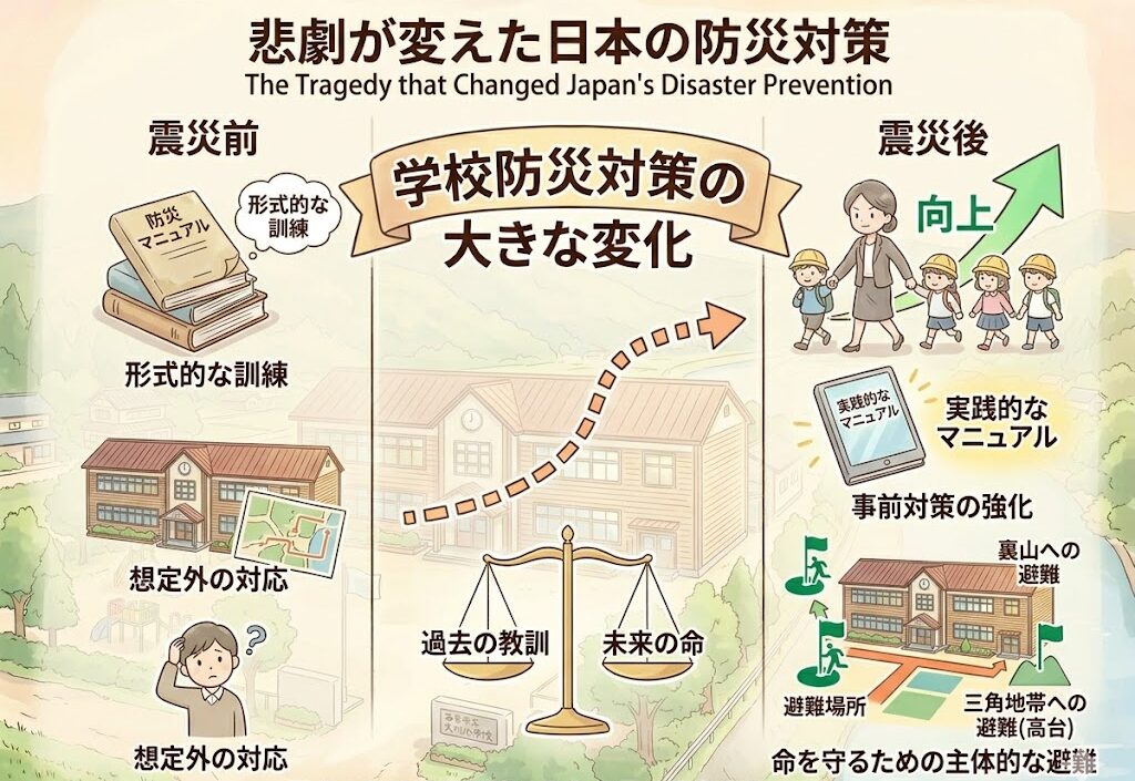 日本の学校防災対策の変化を示す教育的なイラスト