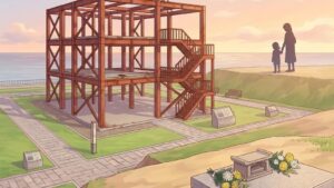 鉄骨の骨組みが残る南三陸町防災対策庁舎跡地を静かに見上げる親子のイメージイラスト