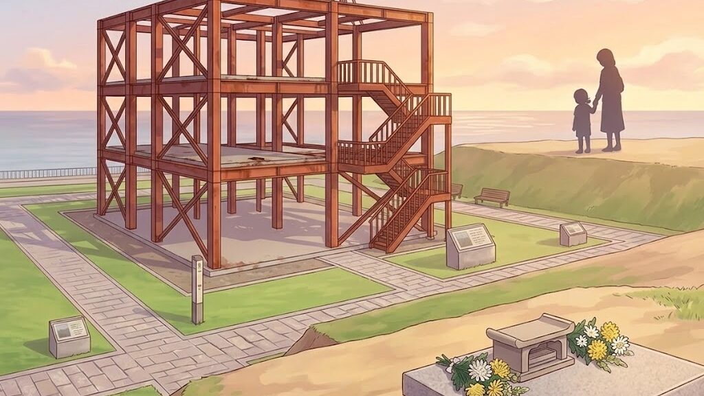 鉄骨の骨組みが残る南三陸町防災対策庁舎跡地を静かに見上げる親子のイメージイラスト