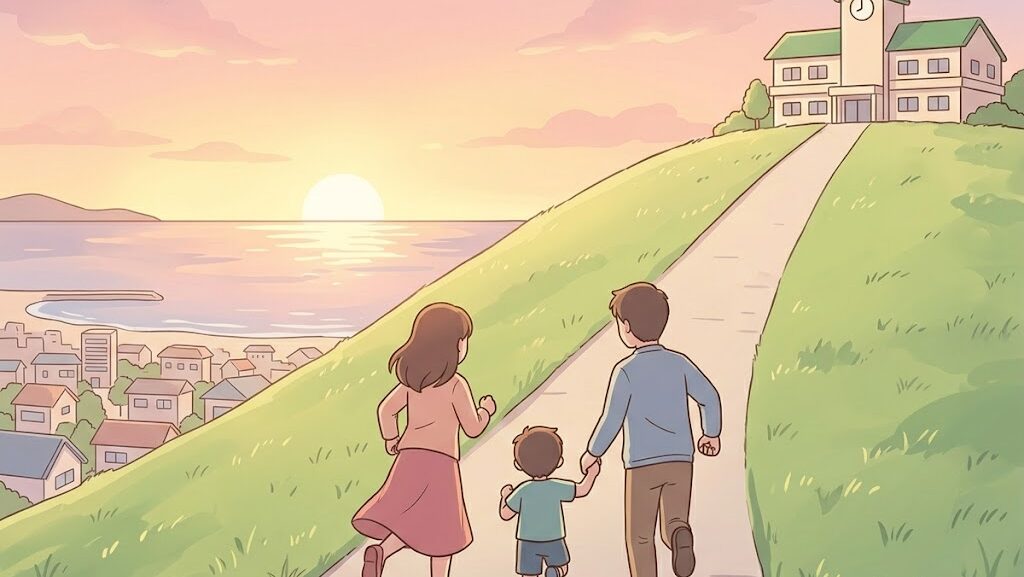 高台へ走って避難する家族シルエットのイメージイラスト——徒歩避難の教訓