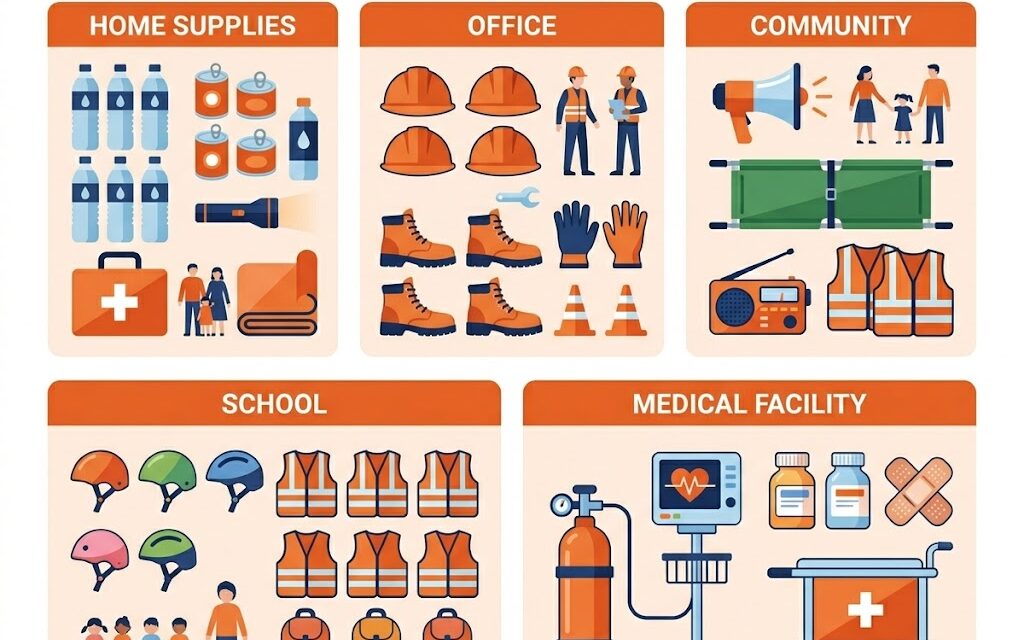 家庭・企業・自治会・学校・福祉施設ごとの追加備蓄品を並べたイラスト