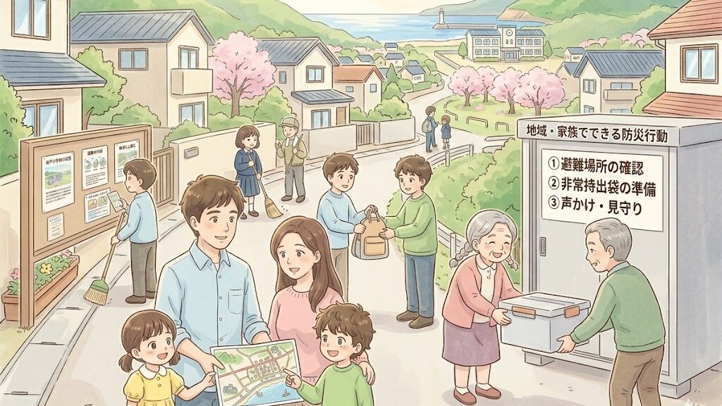 近所の人々が日常的に助け合う地域コミュニティのイラスト