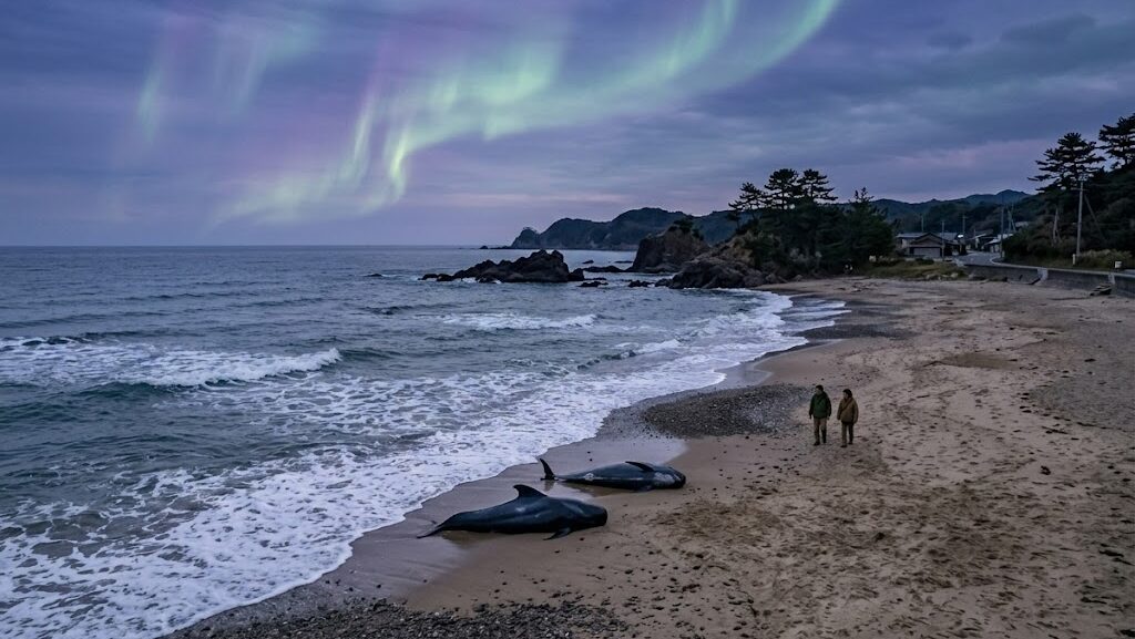 海岸に打ち上げられたイルカと、空に淡く浮かぶ磁場の乱れを示すオーロラ状の光