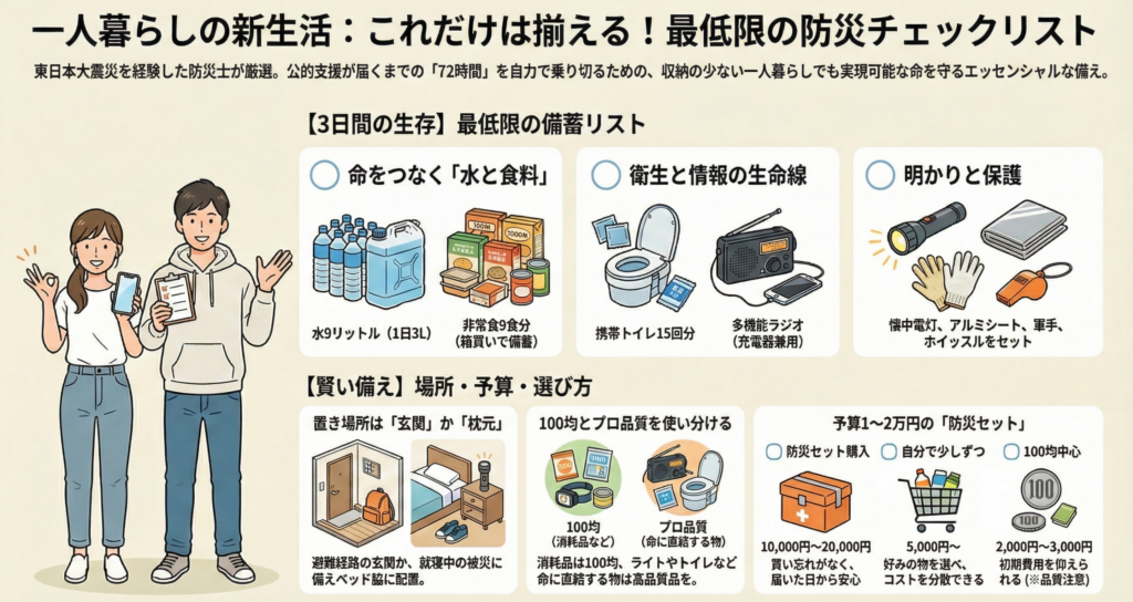 一人暮らしの新生活・最低限の防災チェックリスト:3日分の水・食料、携帯トイレ、置き場所、予算別の揃え方をまとめたインフォグラフィック