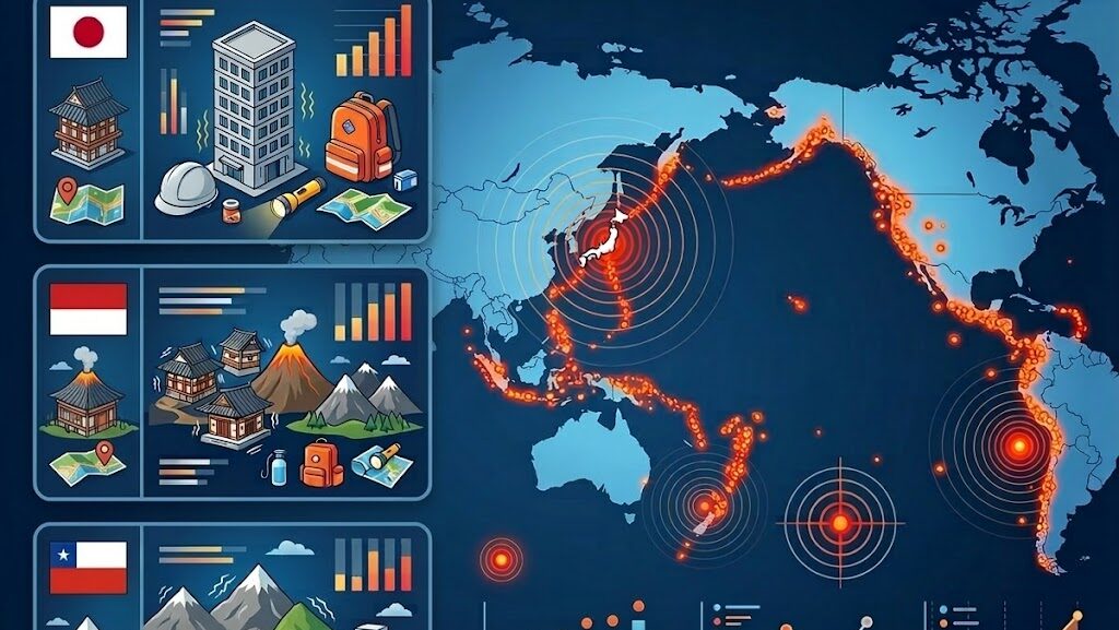 環太平洋火山帯を強調した世界地図と、日本、インドネシア、チリの地震リスクと防災対策を比較するインフォグラフィック。日本パネルは高層ビルと充実した防災用品を、インドネシアとチリは火山や険しい山などの地形的リスクを描写しています。下部の複数のグラフは、地震関連データの上昇傾向を示しており、全体として日本の高い防災意識と準備状況を強調しています。