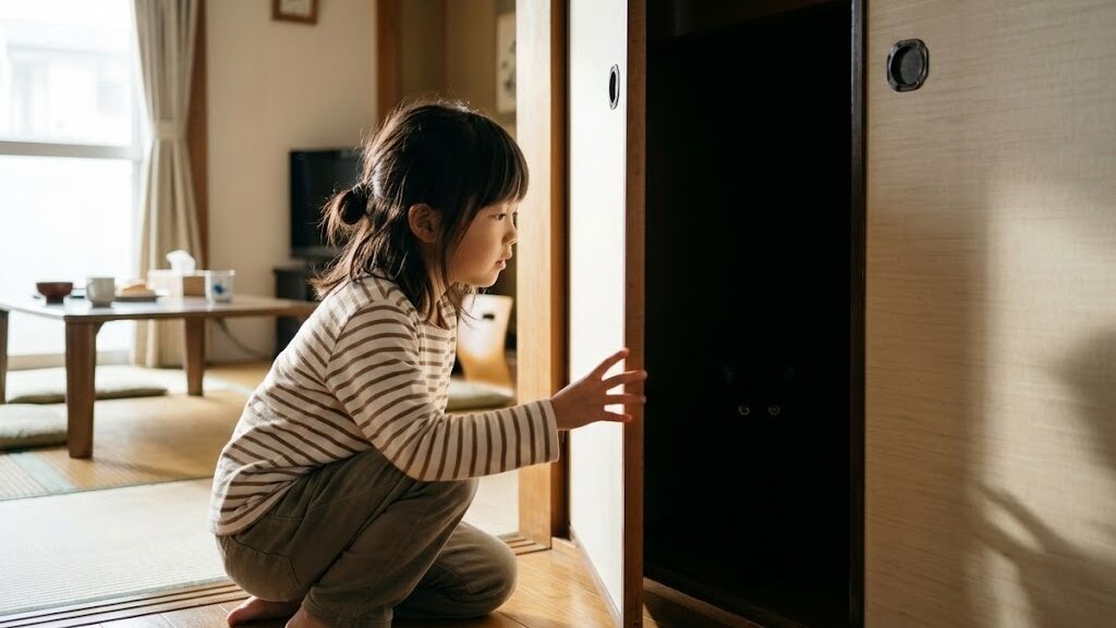 押し入れの暗がりに隠れる猫と、不思議そうに探す日本人の女の子