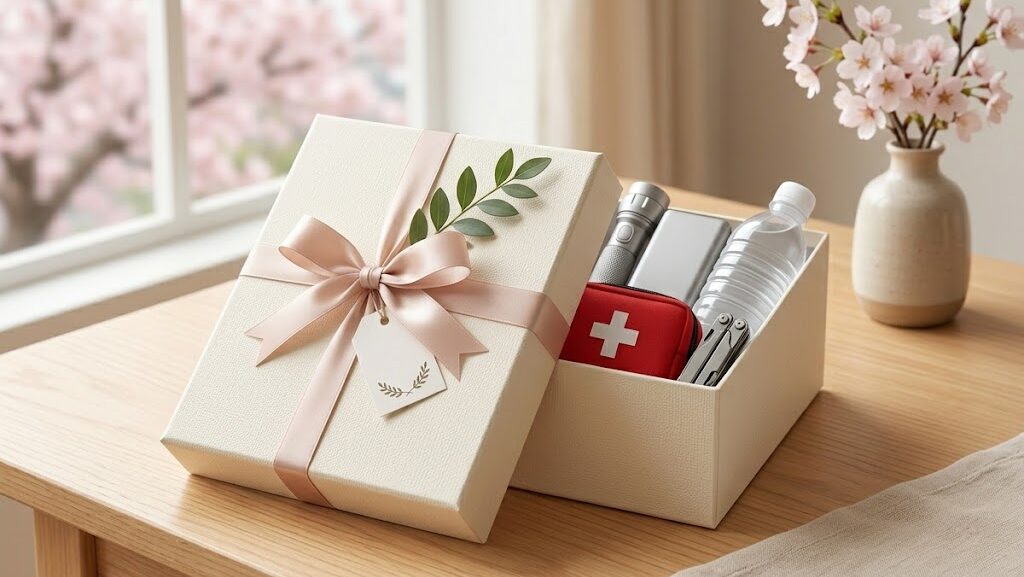 新生活のお祝いに防災グッズをプレゼントとして贈るイメージ